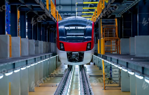 Preview: Front of electrical or metro train in the factory workplace with no people during wait to check