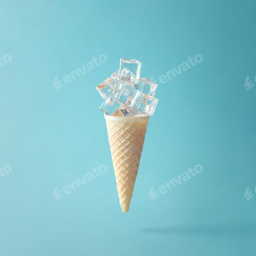 Preview: Ice cream cone with ice cubes. Minimal concept.
