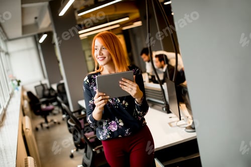 Preview: Pretty young businesswoman working on digital tablet