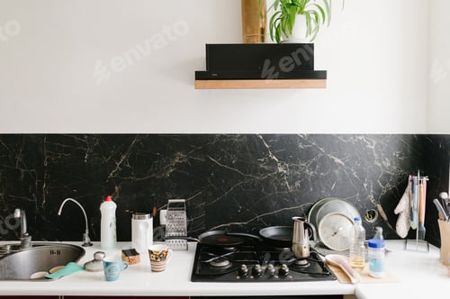 Preview: kitchen with marble in white colors, interior, table, mess, home, inside, design