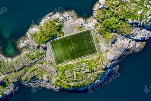 Preview: Football field stadium in Henningsvaer from above.