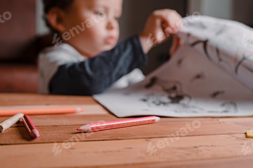 Preview: The colors for the child coloring book pictures on the table. Selective focus