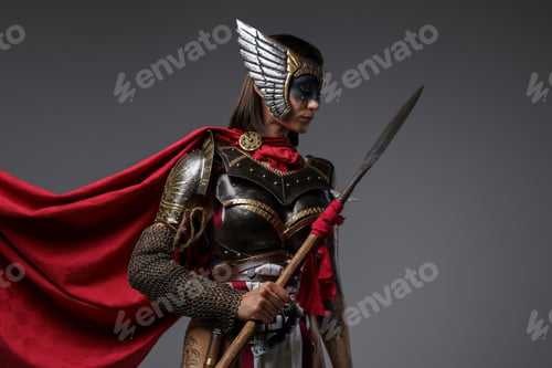 Preview: Tattooed ancient amazon with red cloak wielding spear
