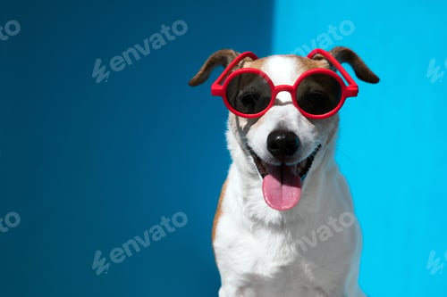 Preview: Jack Russell terrier in round red sunglasses looks at camera on blue