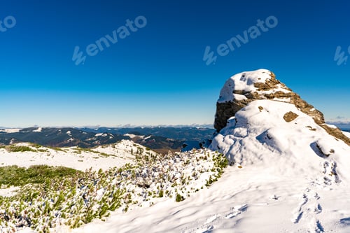 Preview: Landscapes of the Carpathian Mountains, covered with large stone ledges in Ukraine, near the village