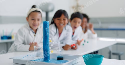 Preview: Experiment, science class and reaction with chemical and classroom project with learning and educat