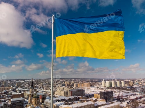 Preview: Ukrainian flag in the wind. Blue Yellow flag in the city of Kharkov