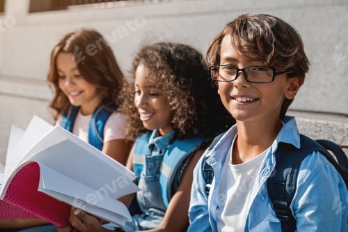 Preview: Portrait shot of cute little children with backpacks and notebooks outdoors.