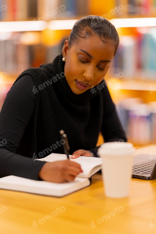 Preview: Focused student taking notes in library