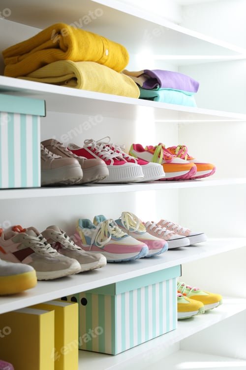 Preview: Different footwear and clothes on shelves indoors, closeup. Shoe storage