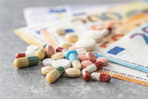 Preview: Euro banknotes and pills. Concept of healthcare.