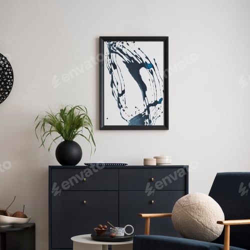 Preview: Interior design of harmonized living room with blue commode, velvet armchair, coffee table