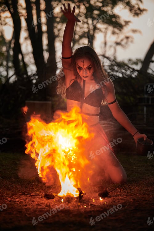 Preview: Girl fire dancing performance at outdoor art festival, smooth movements of female artist