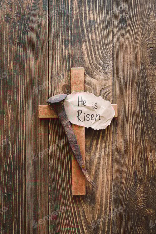Preview: He is Risen. Jesus Crown Thorns and nails and cross on a wood background. Easter Day