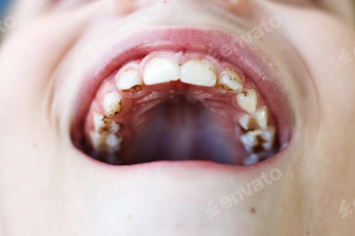 Preview: open mouth of a child boy with plaque or calculus on the teeth close. oral hygiene concept