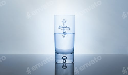 Preview: Abstract Water drop splash inside glass half full against bright background