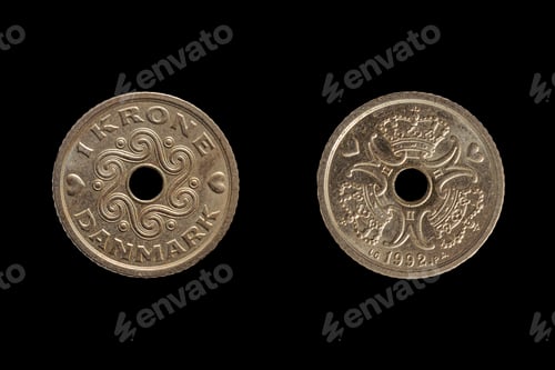 Preview: Danish krone coin obverse and reverse. Currency of Denmark, Faroe Islands and Greenland