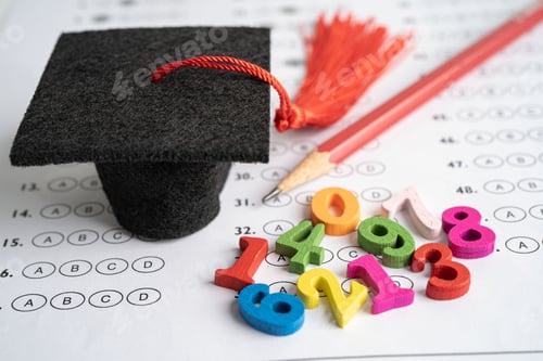 Vista previa: Math Number colorful with graduation hat and pencil on Answer sheet background,