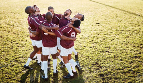 Preview: Fitness, field and group in a huddle with motivation, strategy and coordination after training. Spo