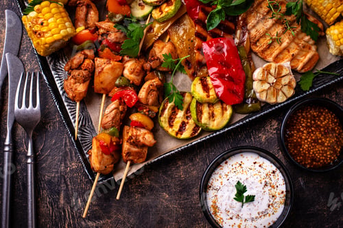 Preview: Assortment of grilled bbq meat and vegetables