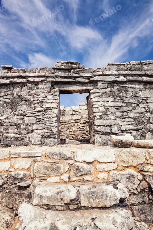Preview: Stone steps and doorway in the archaeological site and Mayan ruins of Tulum