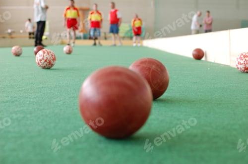 Preview: Boccia / bocce game, playing on an indoor field, with players