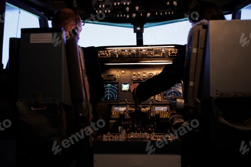 Preview: Team of captain and copilot throttling engine to fly airplane