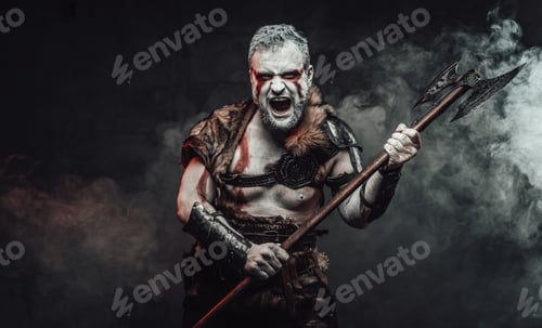 Preview: Violent and savage fighter with axe in dark smokey background