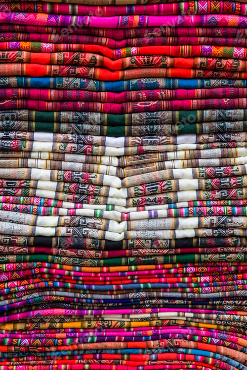 Preview: Colorful traditional Bolivian fabrics on the market