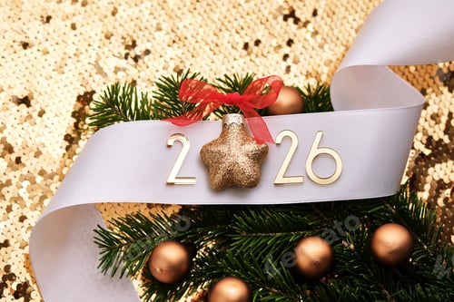 Visualização: Plano de fundo dourado de Ano Novo com o número do próximo ano de 2026.