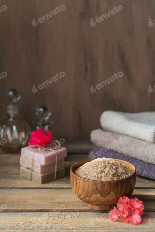 Preview: Sea salt, natural handmade soap, natural cosmetic oil and colorful towels with azalea flowers
