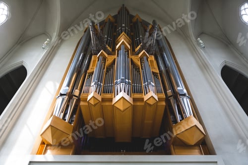 Preview: Church pipe organ beautiful Art Deco wood in a cathedral in Iceland