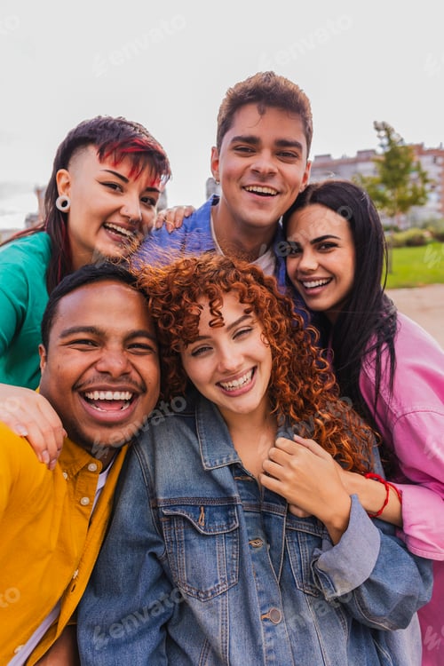 Preview: Happy Group of Diverse College Friends Taking a Selfie Outdoors