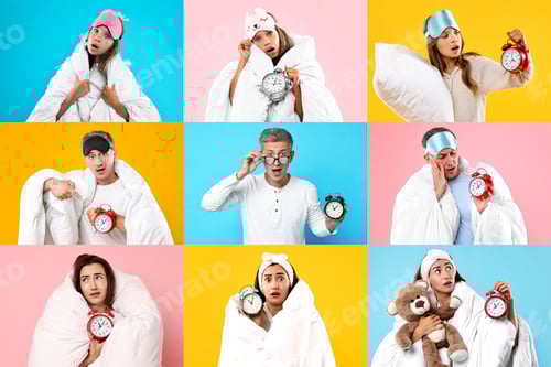 Preview: Overslept people, collage on different colors backgrounds
