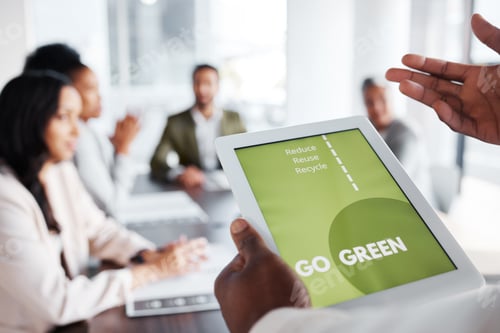 Preview: Go green, business meeting and people on tablet screen for sustainable project, eco friendly invest