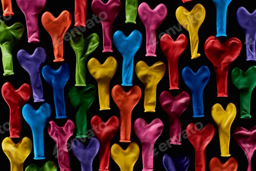 Preview: Top view of rubber heart shaped balloons isolated on black