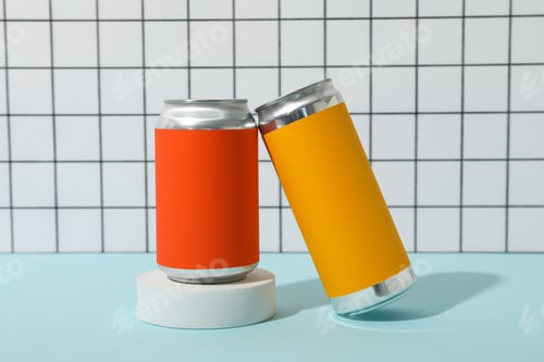 Preview: Tin cans on blue table on light background