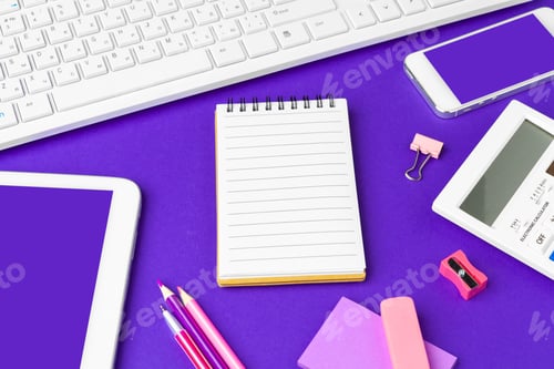 Preview: Back to school concept. School and office supplies on office table