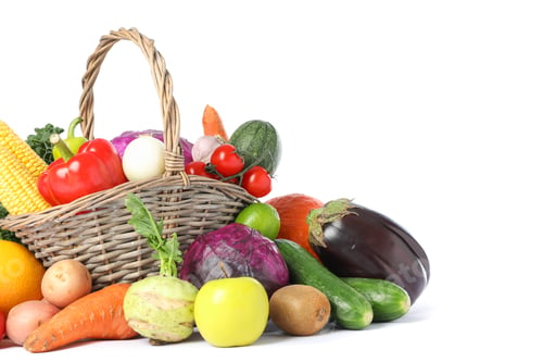 Preview: Wicker basket and different vegetables isolated on white background