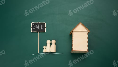 Preview: Wooden family figurines, model house. Real estate purchase. Moving to new apartments
