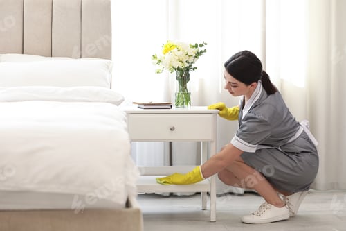 Preview: Young chambermaid wiping dust from nightstand in bedroom
