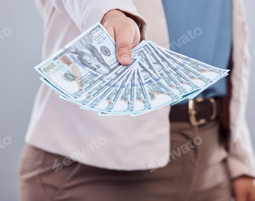 Preview: Money, offer and woman hands isolated on a studio background for winning, cash success or finance l