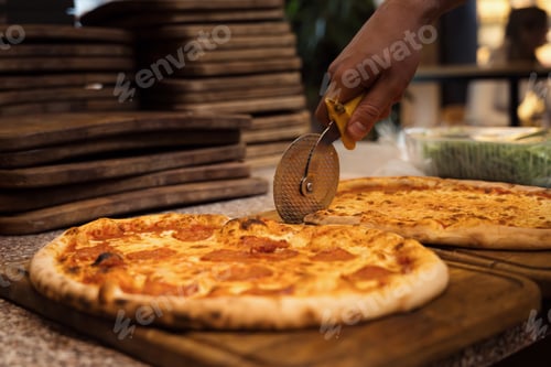 Preview: Close up of anonimous pizza chef slicing appetising pizza