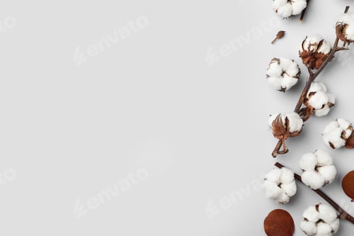 Preview: Flat lay composition with cotton flowers on light grey background. Space for text