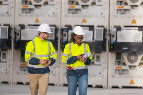 Preview: Engineers railway survey wearing safety uniform and helmet under conversation document on hand inspe