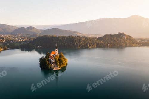 Preview: Island with church on it with Slovenian Julian apls in background