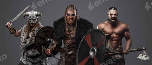 Preview: Antique nordic barbarians with axes against grey background