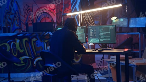 Preview: Hooded hacker arriving in hidden underground shelter