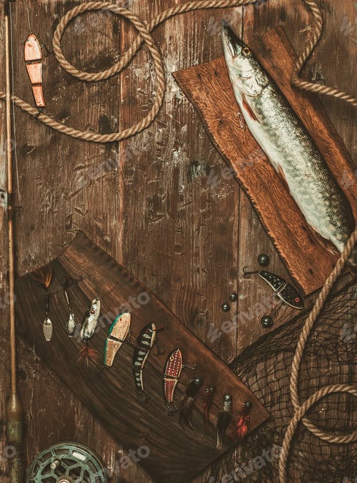 Preview: Fishing tools and fresh pike on a wooden table