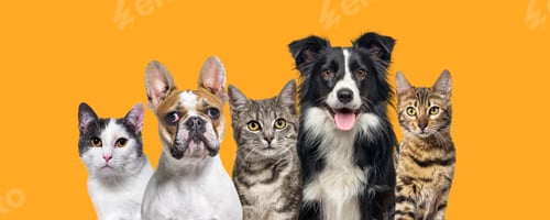 Preview: Large group of cats and dogs looking at the camera on golden bac